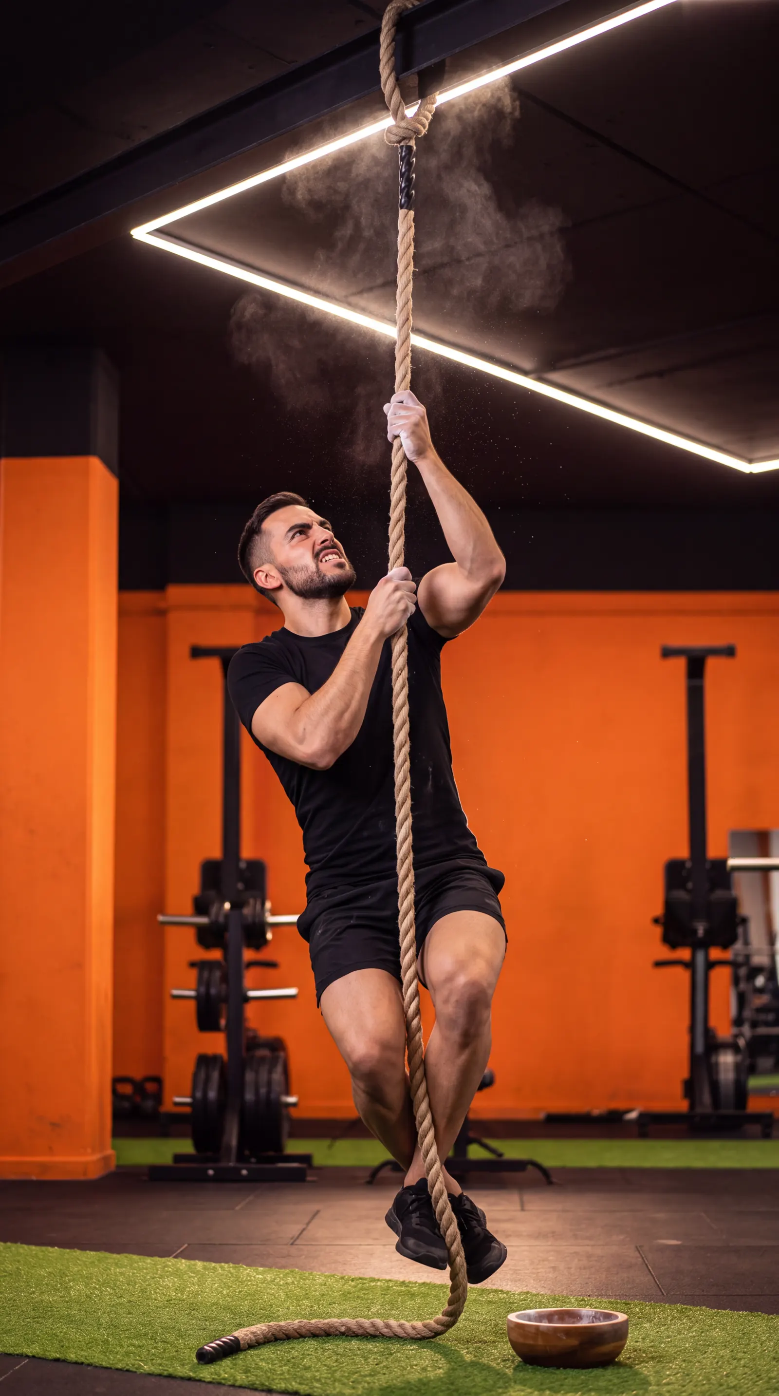 An athlete climbing a thick rope from the turf floor up to the ceiling lights