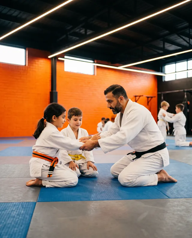 A black-belt instructor shows two children in white gis how to hold a grip on the mats