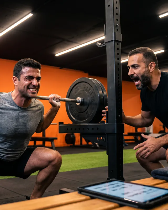 A coach crouches beside a member at the bottom of a heavy squat, calling out a cue
